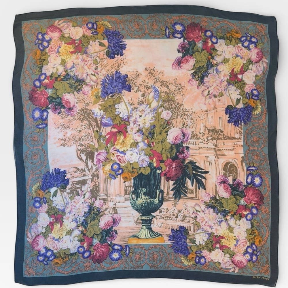 Ellen Tracy Vintage Floral Silk Scarf with Vibrant Colors 33x34
